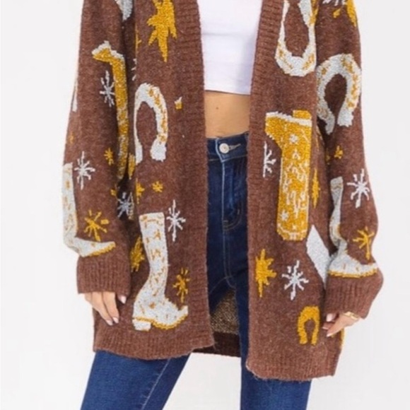 Boutique Brand Sweaters - Cozy Brown Cardigan with Yellow and White Patterns